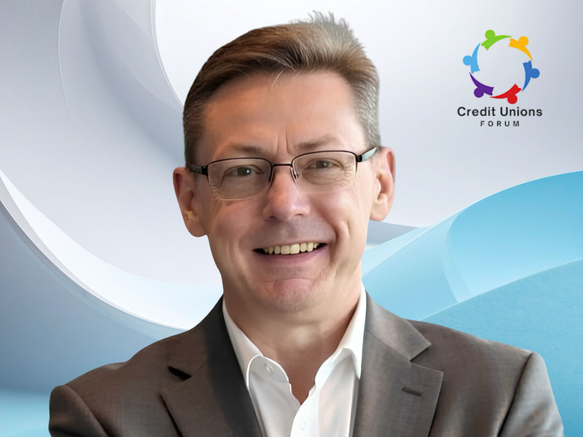 Greg Cook smiling in a gray blazer in front of a blue graphic backdrop with the Credit Unions Forum logo